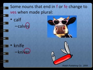Some nouns that end in f or fe change to
ves when made plural:
• calf
–calves
• knife
–knives
Walsh Publishing Co. 2009
 