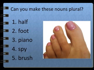 Can you make these nouns plural?
1. half
2. foot
3. piano
4. spy
5. brush
 