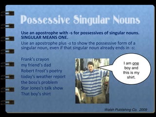 Possessive Singular Nouns
Use an apostrophe with -s for possessives of singular nouns.
SINGULAR MEANS ONE.
Use an apostrophe plus -s to show the possessive form of a
singular noun, even if that singular noun already ends in -s:
Frank’s crayon
my friend’s dad
Robert Frost’s poetry
today's weather report
the boss's problem
Star Jones's talk show
That boy’s shirt
I am one
boy and
this is my
shirt.
Walsh Publishing Co. 2009
 