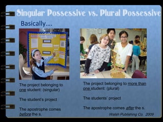 Singular Possessive vs. Plural Possessive
Basically….
The project belonging to
one student: (singular)
The student’s project
The apostrophe comes
before the s.
The project belonging to more than
one student: (plural)
The students’ project
The apostrophe comes after the s.
Walsh Publishing Co. 2009
 