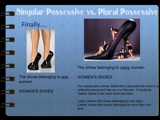 Singular Possessive vs. Plural Possessive
Finally….
The shoes belonging to one
woman:
WOMAN’S SHOES
The shoes belonging to many women:
WOMEN’S SHOES
The apostrophe comes before the s because the noun is a
collective group and has no s on the end. It would be
“ladies’ shoes if the base word was lady.:
Lady’s shoes (the shoes belonging to one lady)
Ladies’ shoes (the shoes belonging to more than one
lady.
 