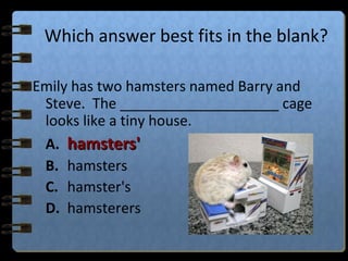 Which answer best fits in the blank?
Emily has two hamsters named Barry and
Steve. The ____________________ cage
looks like a tiny house.
A. hamsters'hamsters'
B. hamsters
C. hamster's
D. hamsterers
 