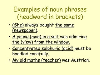 Examples of noun phrases
(headword in brackets)
• (She) always bought the same
(newspaper).
• A young (man) in a suit was admiring
the (view) from the window.
• Concentrated sulphuric (acid) must be
handled carefully.
• My old maths (teacher) was Austrian.
 