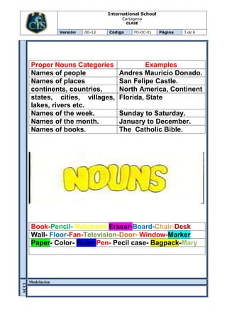 International School
                                      Cartagena
                                          CLASE

               Versión   00-12   Código      FO-DC-01   Página   3 de 6




   Proper Nouns Categories                    Examples
   Names of people                   Andres Mauricio Donado.
   Names of places                   San Felipe Castle.
   continents, countries,            North America, Continent
   states, cities, villages,         Florida, State
   lakes, rivers etc.
   Names of the week.                Sunday to Saturday.
   Names of the month.               January to December.
   Names of books.                   The Catholic Bible.




   Book-Pencil- Notebook-Eraser-Board-Chair-Desk
   Wall- Floor-Fan-Television-Door- Window-Marker
   Paper- Color- Ruler-Pen- Pecil case- Bagpack-Mary




  Modelacion
ACCI
ÓN
 