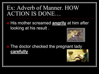 Ex: Adverb of Manner. HOW
ACTION IS DONE…
   His mother screamed angrily at him after
    looking at his result .



   The doctor checked the pregnant lady
    carefully
 
