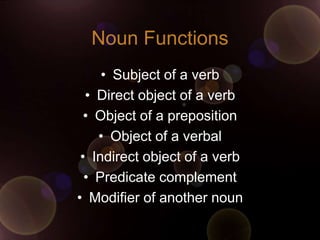 Noun Functions
     • Subject of a verb
  • Direct object of a verb
  • Object of a preposition
    • Object of a verbal
 • Indirect object of a verb
  • Predicate complement
• Modifier of another noun
 