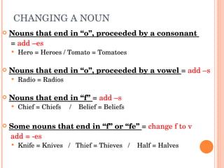 CHANGING A NOUN  Nouns that end in “o”, proceeded by a consonant  =  add –es Hero = Heroes / Tomato = Tomatoes  Nouns that end in “o”, proceeded by a vowel  =  add –s   Radio = Radios  Nouns that end in “f”  =  add –s Chief = Chiefs  /  Belief = Beliefs  Some nouns that end in “f” or “fe”  =  change f to v  add = -es Knife = Knives  /  Thief = Thieves  /  Half = Halves  