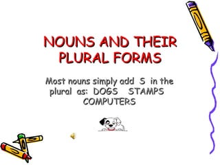 NOUNS AND THEIRNOUNS AND THEIR
PLURAL FORMSPLURAL FORMS
Most nouns simply add S in theMost nouns simply add S in the
plural as: DOGS STAMPSplural as: DOGS STAMPS
COMPUTERSCOMPUTERS
 