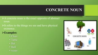 CONCRETE NOUN
A concrete noun is the exact opposite of abstract
noun.
It refers to the things we see and have physical
existence.
Examples:
• Chair
• Table
• Bat
• Ball
• water
 