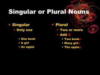 Singular or Plural Nouns

• Singular       • Plural
  • Only one       • Two or more
                   • Add S
    • One book       • Two books
    • A girl         • Many girls
    • An apple       • The apples
 
