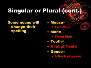 Singular or Plural (cont.)

Some nouns will   • Mouse=
 change their       • Two Mice
 spelling         • Man=
                    • Three Men
                  • Tooth=
                  • A lot of Teeth
                  • Goose=
                    • A flock of geese
 