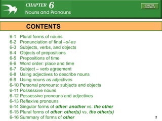 CONTENTS
6-1 Plural forms of nouns
6-2 Pronunciation of final –s/-es
6-3 Subjects, verbs, and objects
6-4 Objects of prepositions
6-5 Prepositions of time
6-6 Word order: place and time
6-7 Subject – verb agreement
6-8 Using adjectives to describe nouns
6-9 Using nouns as adjectives
6-10 Personal pronouns: subjects and objects
6-11 Possessive nouns
6-12 Possessive pronouns and adjectives
6-13 Reflexive pronouns
6-14 Singular forms of other: another vs. the other
6-15 Plural forms of other: other(s) vs. the other(s)
6-16 Summary of forms of other

1

 
