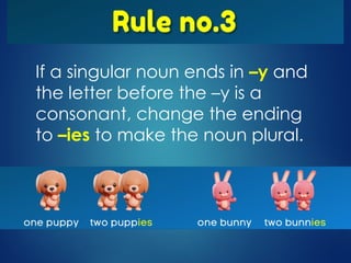 If a singular noun ends in –y and
the letter before the –y is a
consonant, change the ending
to –ies to make the noun plural.
 
