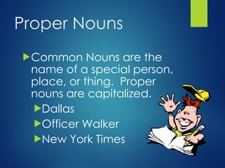 Proper Nouns
Common Nouns are the
name of a special person,
place, or thing. Proper
nouns are capitalized.
Dallas
Officer Walker
New York Times
 