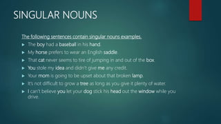 SINGULAR NOUNS
The following sentences contain singular nouns examples.
 The boy had a baseball in his hand.
 My horse prefers to wear an English saddle.
 That cat never seems to tire of jumping in and out of the box.
 You stole my idea and didn’t give me any credit.
 Your mom is going to be upset about that broken lamp.
 It’s not difficult to grow a tree as long as you give it plenty of water.
 I can’t believe you let your dog stick his head out the window while you
drive.
 