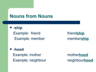 Nouns from Nouns
-ship
Example: friend friendship
Example: member membership
-hood
Example: mother motherhood
Example: neighbour neighbourhood