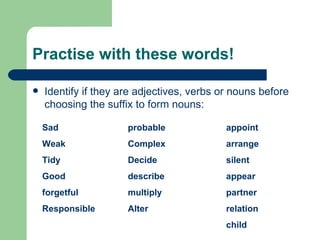 Practise with these words!
Identify if they are adjectives, verbs or nouns before
choosing the suffix to form nouns:
Sad probable appoint
Weak Complex arrange
Tidy Decide silent
Good describe appear
forgetful multiply partner
Responsible Alter relation
child