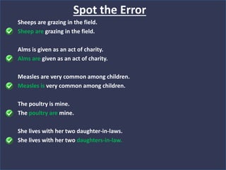 Sheeps are grazing in the field.
Sheep are grazing in the field.
Alms is given as an act of charity.
Alms are given as an act of charity.
Measles are very common among children.
Measles is very common among children.
The poultry is mine.
The poultry are mine.
She lives with her two daughter-in-laws.
She lives with her two daughters-in-law.
Spot the Error
 