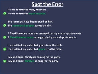 He has committed many mischiefs.
He has committed much mischief.
The summons have been served on him.
The summons has been served on him.
A five-kilometers races are arranged during annual sports events.
A five-kilometer race is arranged during annual sports events.
I cannot find my wallet but your’s is on the table.
I cannot find my wallet but yours is on the table.
Dev and Ruhi’s family are coming for the party.
Dev and Ruhi’s family is coming for the party.
Spot the Error
 