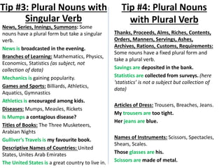 News, Series, Innings, Summons: Some
nouns have a plural form but take a singular
verb.
News is broadcasted in the evening.
Branches of Learning: Mathematics, Physics,
Economics, Statistics (as subject, not
collection of data)
Mechanics is gaining popularity.
Games and Sports: Billiards, Athletics,
Aquatics, Gymnastics
Athletics is encouraged among kids.
Diseases: Mumps, Measles, Rickets
Is Mumps a contagious disease?
Titles of Books: The Three Musketeers,
Arabian Nights
Gulliver’s Travels is my favourite book.
Descriptive Names of Countries: United
States, Unites Arab Emirates
The United States is a great country to live in.
Tip #3: Plural Nouns with
Singular Verb
Tip #4: Plural Nouns
with Plural Verb
Thanks, Proceeds, Alms, Riches, Contents,
Orders, Manners, Servings, Ashes,
Archives, Rations, Customs, Requirements:
Some nouns have a fixed plural form and
take a plural verb.
Savings are deposited in the bank.
Statistics are collected from surveys. (here
‘statistics’ is not a subject but collection of
data)
Articles of Dress: Trousers, Breaches, Jeans.
My trousers are too tight.
Her jeans are blue.
Names of Instruments: Scissors, Spectacles,
Shears, Scales.
Those glasses are his.
Scissors are made of metal.
 