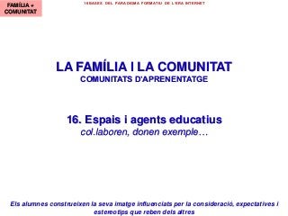 LA FAMÍLIA I LA COMUNITAT
COMUNITATS D’APRENENTATGE
16. Espais i agents educatius
col.laboren, donen exemple…
FAMÍLIA +
CO...