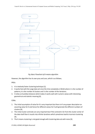 Unnati R. Raval et al, International Journal of Computer Science and Mobile Computing, Vol.5 Issue.5, May- 2016, pg. 191-203
© 2016, IJCSMC All Rights Reserved 193
Start
Number of Cluster K
Centroid
Distance Objects to Centroids
Grouping based on Minimum Distance
No Object move group? End
N
Y
Fig: Basic Flowchart of K-means algorithm
However, the algorithm has its own pros and cons, which is as follows;
PROs:
1. It is relatively faster clustering technique [1].
2. It works fast with the Large data set since the time complexity is O(nkl) where n is the number of
patterns, k is the number of clusters and l is the number of the iterations.
3. It relies on Euclidian distance which makes it works well with numeric values with interesting
geometrical and statistic meaning [4].
CONs:
1. The initial assumption of value for K is very important but there isn’t any proper description on
assuming value for K and hence for different values for K will generate the different numbers of
clusters [4].
2. The initial cluster centroids are very important but if the centroid is far from the cluster center of
the data itself then it results into infinite iterations which sometimes lead to incorrect clustering
[4].
3. The K-means clustering is not good enough with clustering data set with noise [4].
 