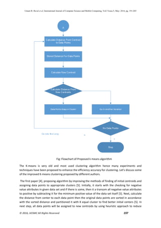Unnati R. Raval et al, International Journal of Computer Science and Mobile Computing, Vol.5 Issue.5, May- 2016, pg. 191-203
© 2016, IJCSMC All Rights Reserved 197
Fig: Flowchart of Proposed k means algorithm
The K-means is very old and most used clustering algorithm hence many experiments and
techniques have been proposed to enhance the efficiency accuracy for clustering. Let’s discuss some
of the improved K-means clustering proposed by different authors.
The first paper [4], proposing algorithm by improving the methods of finding of initial centroids and
assigning data points to appropriate clusters [5]. Initially, it starts with the checking for negative
value attributes in given data set and if there is some, then it a transom all negative value attributes
to positive by subtracting it for the minimum positive value of the data set itself [5]. Next, calculate
the distance from center to each data point then the original data points are sorted in accordance
with the sorted distance and partitioned it with K equal cluster to find better initial centers [5]. In
next step, all data points will be assigned to new centroids by using heuristic approach to reduce
 