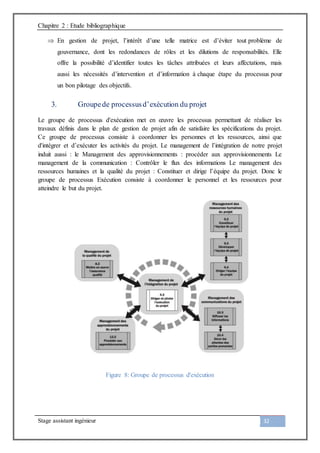 Chapitre 2 : Etude bibliographique
Stage assistant ingénieur 32
 En gestion de projet, l’intérêt d’une telle matrice est d’éviter tout problème de
gouvernance, dont les redondances de rôles et les dilutions de responsabilités. Elle
offre la possibilité d’identifier toutes les tâches attribuées et leurs affectations, mais
aussi les nécessités d’intervention et d’information à chaque étape du processus pour
un bon pilotage des objectifs.
3. Groupede processusd’exécution du projet
Le groupe de processus d'exécution met en œuvre les processus permettant de réaliser les
travaux définis dans le plan de gestion de projet afin de satisfaire les spécifications du projet.
Ce groupe de processus consiste à coordonner les personnes et les ressources, ainsi que
d'intégrer et d’exécuter les activités du projet. Le management de l’intégration de notre projet
induit aussi : le Management des approvisionnements : procéder aux approvisionnements Le
management de la communication : Contrôler le flux des informations Le management des
ressources humaines et la qualité du projet : Constituer et dirige l’équipe du projet. Donc le
groupe de processus Exécution consiste à coordonner le personnel et les ressources pour
atteindre le but du projet.
Figure 8: Groupe de processus d'exécution
 