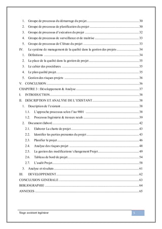 Stage assistant ingénieur 5
1. Groupe de processus du démarrage du projet................................................................30
2. Groupe de processus de planification du projet ............................................................30
3. Groupe de processus d’exécution du projet ..................................................................32
4. Groupe de processus de surveillance et de maitrise ......................................................33
5. Groupe de processus de Clôture du projet ....................................................................33
IV. Le système de management de la qualité dans la gestion des projets ...........................34
1. Définitions ....................................................................................................................34
2. La place de la qualité dans la gestion de projet .............................................................35
3. Le cahier des procédures. ..............................................................................................35
4. Le plan qualité projet.....................................................................................................35
5. Gestion des risques projets ...........................................................................................36
V. CONCLUSION .................................................................................................................36
CHAPITRE 3 : Développement & Analyse.............................................................................37
I. INTRODUCTION.............................................................................................................38
II. DESCRIPTION ET ANALYSE DE L’EXISTANT.........................................................38
1. Description de l’existant................................................................................................38
1.1. L’approche processus selon l’iso 9001 .................................................................38
1.2. Processus Ingénierie & travaux neufs ....................................................................39
2. Document élaboré..........................................................................................................42
2.1. Elaborer La charte de projet...................................................................................43
2.2. Identifier les parties prenantes du projet ................................................................43
2.3. Planifier le projet....................................................................................................46
2.4. Analyse des risques projet .....................................................................................48
2.5. La gestion des modifications/ changement Projet..................................................49
2.6. Tableau de bord de projet.......................................................................................54
2.7. L’audit Projet..........................................................................................................58
3. Analyse et résultats........................................................................................................61
III. DEVELOPPEMENT.....................................................................................................62
CONCLUSION GENERALE ..................................................................................................63
BIBLIOGRAPHIE ...................................................................................................................64
ANNEXES ...............................................................................................................................65
 