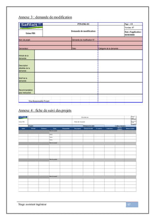 Stage assistant ingénieur 67
Annexe 3 : demande de modification
Annexe 4 : fiche de suivi des projets
Page : 1/8
Version : 07
Intitulé de la
demande:
Description
détaillée de la
demande :
Motif de la
demande:
Recommandation
pour instruction
Visa Responsable Projet:
PTN-ENG-01
Demande de modification
Usine FBS
Date d'application :
00/00/0000
Demande de modification N°:
Demandeur:
Nom de projet:
Date: Catégorie de la demande :
 