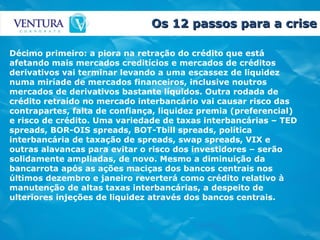 Os 12 passos para a crise Décimo primeiro: a piora na retração do crédito que está afetando mais mercados creditícios e mercados de créditos derivativos vai terminar levando a uma escassez de liquidez numa miríade de mercados financeiros, inclusive noutros mercados de derivativos bastante líquidos. Outra rodada de crédito retraído no mercado interbancário vai causar risco das contrapartes, falta de confiança, liquidez premia (preferencial) e risco de crédito. Uma variedade de taxas interbancárias – TED spreads, BOR-OIS spreads, BOT-Tbill spreads, política interbancária de taxação de spreads, swap spreads, VIX e outras alavancas para evitar o risco dos investidores – serão solidamente ampliadas, de novo. Mesmo a diminuição da bancarrota após as ações maciças dos bancos centrais nos últimos dezembro e janeiro reverterá como crédito relativo à manutenção de altas taxas interbancárias, a despeito de ulteriores injeções de liquidez através dos bancos centrais.  