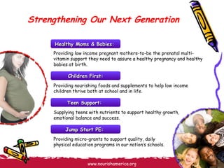 Strengthening Our Next Generation  Providing low income pregnant mothers-to-be the prenatal multi-vitamin support they need to assure a healthy pregnancy and healthy babies at birth.  Healthy Moms & Babies:  Children First: Providing nourishing foods and supplements to help low income children thrive both at school and in life.  Teen Support:  Supplying teens with nutrients to support healthy growth,  emotional balance and success.  Jump Start PE:  Providing micro-grants to support quality, daily  physical education programs in our nation’s schools.  