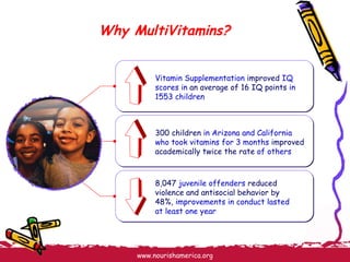 Why MultiVitamins? Vitamin Supplementation   improved   IQ scores in   an   average of 16 IQ points   in 1553 children 300 children   in Arizona and California who took vitamins for 3 months   improved academically twice the rate   of others 8,047   juvenile offenders   reduced violence and antisocial behavior by 48%,   improvements in conduct lasted at least one year 