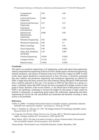 10th International Conference on Webometrics, Informetrics and Scientometrics & 15th COLLNET Meeting 2014 
262 
Computational 
Mechanics 
0.06 0.86 
Control and Systems 
Engineering 
0.008 0.12 
Electrical and Electronic 
Engineering 
0.25 0.51 
Engineering 
(miscellaneous) 
0.38 0.42 
Industrial and 
Manufacturing 
Engineering 
0.008 0.04 
Mechanical Engineering 0.02 0.006 
Mechanical Engineering 0.04 0.1 
Media Technology 0.92 0.42 
Ocean Engineering 0.99 0.0041 
Safety, Risk, Reliability 
0.29 0.007 
and Quality 
Chemical Engineering 0.0704 0.2858 
Computer Science 0.7136 0.212 
Material science 0.0283 0.2405 
Conclusion 
The major's eco-medicine engineering, civil engineering, system and supervising engineering, 
industry and production engineering at the level of 0.01 and the major's mechanical engineering, 
material mechanics, and science of material at the level of 0.05 have impact on GDP. In other 
words, these majors should have research priority in Iran. Of course, it should be mentioned 
that since industry and production engineering and mechanical engineering are affected by 
GDP, it might mean that these sections have been financed. Being affected by GDP presented 
above could be analyzed in this way: if an increase in GDP has had effects on a group or a 
major, it probably means that GDP increase has been accompanied by budget increase in that 
group or major, therefore, if the reverse relation, i.e. the effectiveness of that group or major in 
GDP is not significant, continuing to increase the budget for that group or major cannot be 
justified. Consequently, in engineering group majors like architecture engineering and safety 
engineering do involve the risk and problem just mentioned and therefore investing in these 
sectors is not justifiable. 
References 
Vinkler, P. (2008). “Correlation between the structure of scientific research, scientometric indicators 
and GDP in EU and non-EU countries”. Scientometrics. 74(2). pp. 237-254. 
Narin, F., Hamilton, K., Olivastro, D., 1997. The linkages between US technology and public science. 
Research Policy 26, 317–330. 
Lee, Ling-chu. Lin, Pin-hua. Chung, Yun-wen. Lee, Yi-yang. (2011). “Research output and economic 
output: a Granger causality test”. Scientometrics, 89(2). pp 465-478. 
Borer, Kealey. (2012). The state is an enemy of science: a review of terence kealey’s the economic 
laws of scientific research. Libertarian papers, 4(2). Pp 89-96. 
Terence Kealey. The Economic Laws of Scientific Research. London: Macmillan, 1996. 
 