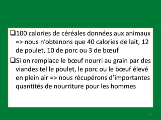 100 calories de céréales données aux animaux
=> nous n’obtenons que 40 calories de lait, 12
de poulet, 10 de porc ou 3 de bœuf
Si on remplace le bœuf nourri au grain par des
viandes tel le poulet, le porc ou le bœuf élevé
en plein air => nous récupérons d’importantes
quantités de nourriture pour les hommes
25
 