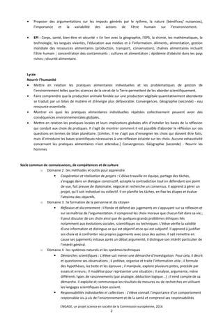 • Proposer des argumentations sur les impacts générés par le rythme, la nature (bénéfices/ nuisances),
l’importance et la variabilité des actions de l’être humain sur l’environnement.
• EPI : Corps, santé, bien-être et sécurité » En lien avec la géographie, l’EPS, la chimie, les mathématiques, la
technologie, les langues vivantes, l’éducation aux médias et à l’information. Aliments, alimentation, gestion
mondiale des ressources alimentaires (production, transport, conservation); chaînes alimentaires incluant
l’être humain ; concentration des contaminants ; cultures et alimentation ; épidémie d’obésité dans les pays
riches ; sécurité alimentaire.
Lycée
Nourrir l’humanité
• Mettre en relation les pratiques alimentaires individuelles et les problématiques de gestion de
l’environnement telles que les sciences de la vie et de la Terre permettent de les aborder scientifiquement.
• Faire comprendre que la production animale fondée sur une production végétale quantitativement abondante
se traduit par un bilan de matière et d’énergie plus défavorable. Convergences. Géographie (seconde) - eau
ressource essentielle.
• Montrer en quoi les pratiques alimentaires individuelles répétées collectivement peuvent avoir des
conséquences environnementales globales.
• Mettre en relation les pratiques locales et leurs implications globales afin d’installer les bases de la réflexion
qui conduit aux choix de pratiques. Il s’agit de montrer comment il est possible d’aborder la réflexion sur ces
questions en termes de bilan planétaire. [Limites. Il ne s’agit pas d’enseigner les choix qui doivent être faits,
mais d’introduire les bases scientifiques nécessaires à une réflexion éclairée sur les choix. Aucune exhaustivité
concernant les pratiques alimentaires n’est attendue.] Convergences. Géographie (seconde) - Nourrir les
hommes
Socle commun de connaissances, de compétences et de culture
o Domaine 2 : les méthodes et outils pour apprendre
 Coopération et réalisation de projets : L'élève travaille en équipe, partage des tâches,
s'engage dans un dialogue constructif, accepte la contradiction tout en défendant son point
de vue, fait preuve de diplomatie, négocie et recherche un consensus. Il apprend à gérer un
projet, qu'il soit individuel ou collectif. Il en planifie les tâches, en fixe les étapes et évalue
l'atteinte des objectifs.
o Domaine 3 : la formation de la personne et du citoyen
 Réflexion et discernement : Il fonde et défend ses jugements en s'appuyant sur sa réflexion et
sur sa maîtrise de l'argumentation. Il comprend les choix moraux que chacun fait dans sa vie ;
il peut discuter de ces choix ainsi que de quelques grands problèmes éthiques liés
notamment aux évolutions sociales, scientifiques ou techniques. L'élève vérifie la validité
d'une information et distingue ce qui est objectif et ce qui est subjectif. Il apprend à justifier
ses choix et à confronter ses propres jugements avec ceux des autres. Il sait remettre en
cause ses jugements initiaux après un débat argumenté, il distingue son intérêt particulier de
l'intérêt général.
o Domaine 4 : les systèmes naturels et les systèmes techniques
 Démarches scientifiques : L'élève sait mener une démarche d'investigation. Pour cela, il décrit
et questionne ses observations ; il prélève, organise et traite l'information utile ; il formule
des hypothèses, les teste et les éprouve ; il manipule, explore plusieurs pistes, procède par
essais et erreurs ; il modélise pour représenter une situation ; il analyse, argumente, mène
différents types de raisonnements (par analogie, déduction logique...) ; il rend compte de sa
démarche. Il exploite et communique les résultats de mesures ou de recherches en utilisant
les langages scientifiques à bon escient.
 Responsabilités individuelles et collectives : L'élève connaît l'importance d'un comportement
responsable vis-à-vis de l'environnement et de la santé et comprend ses responsabilités
ENGAGE, un projet science en société de la Commission européenne, 2016
2
 