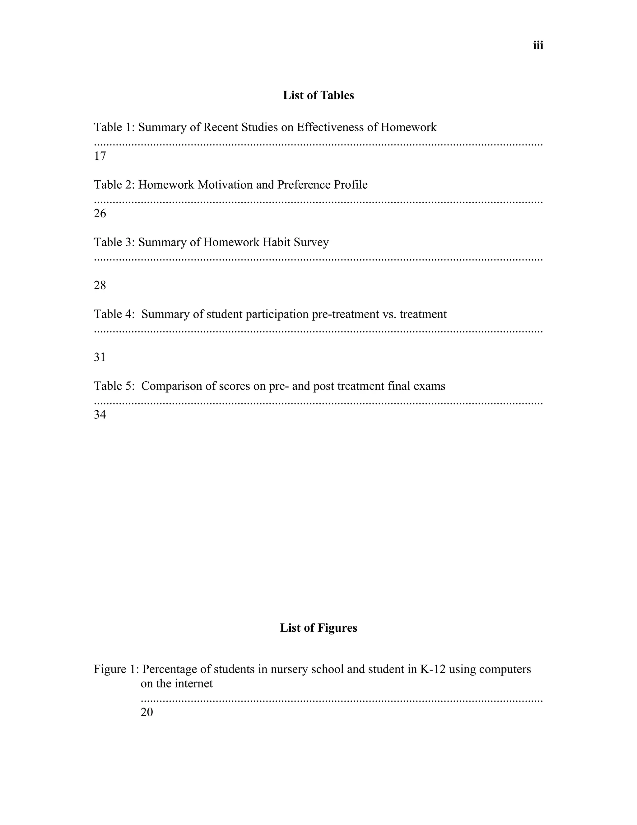 iii



                                                            List of Tables

Table 1: Summary of Recent Studies on Effectiveness of Homework
................................................................................................................................................
17

Table 2: Homework Motivation and Preference Profile
................................................................................................................................................
26

Table 3: Summary of Homework Habit Survey
................................................................................................................................................

28

Table 4: Summary of student participation pre-treatment vs. treatment
................................................................................................................................................

31

Table 5: Comparison of scores on pre- and post treatment final exams
................................................................................................................................................
34




                                                           List of Figures


Figure 1: Percentage of students in nursery school and student in K-12 using computers
         on the internet
         .................................................................................................................................
         20
 
