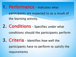 1. Performance – Indicates what
participants are expected to as a result of
the learning activity.
2. Conditions – Specifies under what
conditions should the participants perform
3. Criteria – Identifies how well the
participants have to perform to satisfy the
requirements
 