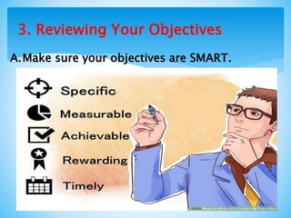 3. Reviewing Your Objectives
A.Make sure your objectives are SMART.
 