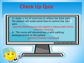 Check Up Quiz
3- Given a list of exercises to relieve low back pain,
the patient will understand how to control low back
pain.
(poorly) [Performance not stated in measurable terms;
criterion missing]
4- The nurse will demonstrate crutch walking
postoperatively to the patient
(poorly) [Teacher-centered]
 