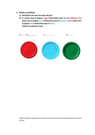 2. ÉCRIRE et REMPLIR:
a) Remplissez les noms de repas del jour.
b) Il a placé sous la plaque rouge l’alimentarie pour le petit déjeneur, il a
placé sous la plaque bleu l’alimentarie pour le déjeneur et il a placé sous
la plaque vert l’alimentarie pour le dîner.
Utiliser les aliments avant.
P_ _ _ _ D_ _ _ _ _ _
D_ _ _ _ _ _ _
D_ _ _ _
(Coloca debajo de cada plato el nombre de los alimentos que comerías dependiendo de la hora
del día).