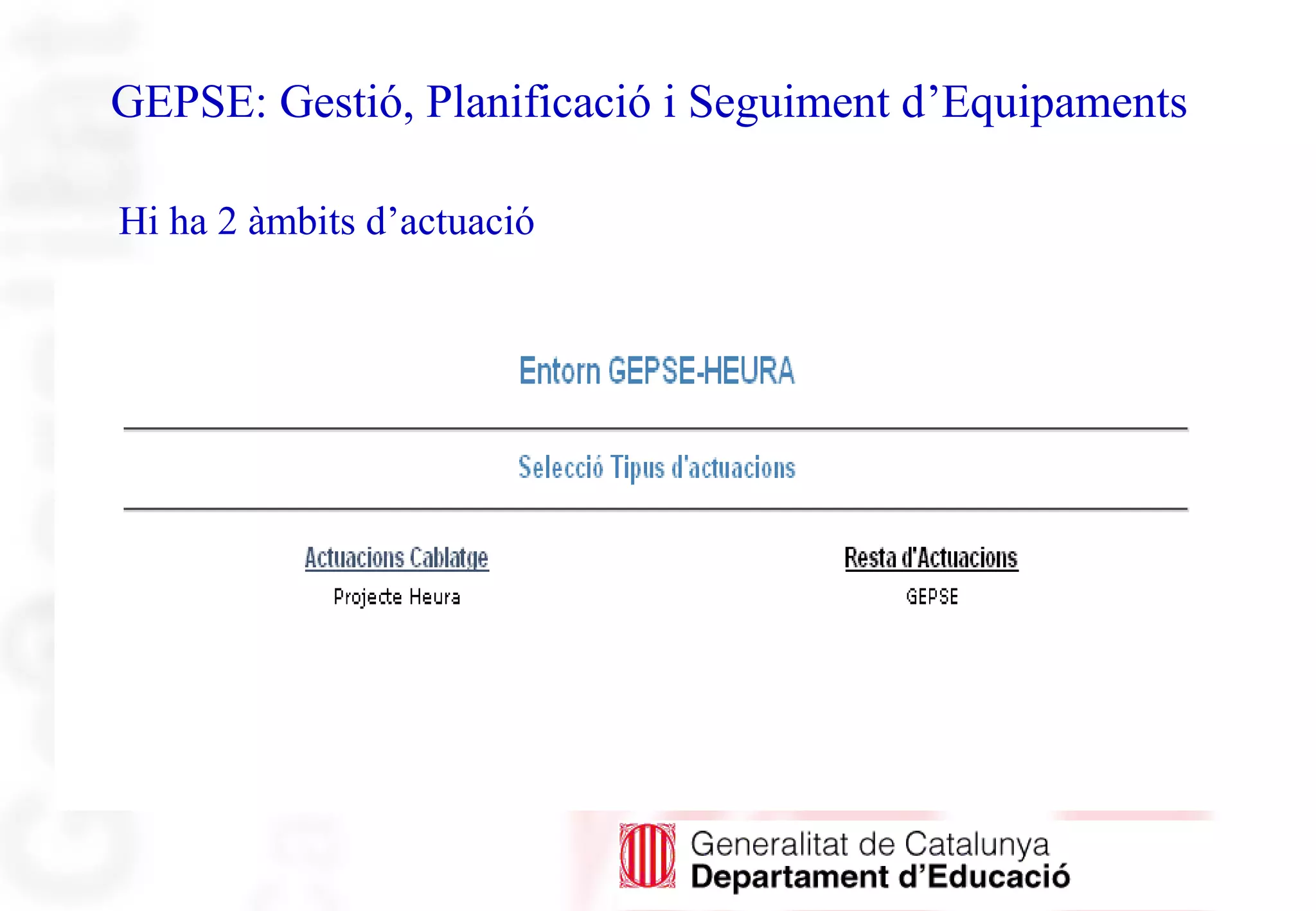 GEPSE: Gestió, Planificació i Seguiment d’Equipaments
Hi ha 2 àmbits d’actuació
 