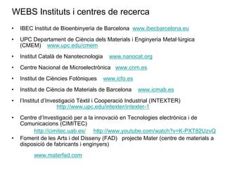 WEBS Instituts i centres de recerca
•   IBEC Institut de Bioenbinyeria de Barcelona www.ibecbarcelona.eu
•   UPC Departament de Ciència dels Materials i Enginyeria Metal·lúrgica
    (CMEM) www.upc.edu/cmem
•   Institut Català de Nanotecnologia     www.nanocat.org
•   Centre Nacional de Microelectrònica www.cnm.es
•   Institut de Ciències Fotòniques     www.icfo.es
•   Institut de Ciència de Materials de Barcelona     www.icmab.es
•   l’Institut d’Investigació Tèxtil i Cooperació Industrial (INTEXTER)
                     http://www.upc.edu/intexter/intexter-1
•   Centre d’Investigació per a la innovació en Tecnologies electrònica i de
    Comunicacions (CIMITEC)
         http://cimitec.uab.es/ http://www.youtube.com/watch?v=K-PXT82UzvQ
•   Foment de les Arts i del Disseny (FAD) projecte Mater (centre de materials a
    disposició de fabricants i enginyers)
         www.materfad.com
 