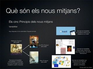 Què són els nous mitjans?
  Els cinc Principis dels nous mitjans
  Variabilitat

  Aquí disposeu d’uns exemples d’aquest principi:                                Exemple de Variabilitat
                                                                                on qualsevol dada es pot
                                                                                  adaptar en un mòbil




       Pel·lícula, El senyor
            dels anells

                                                    Joc PC, El senyor
                                                       dels anells
                                                                                 Exemple de Variabilitat
                                                                                d’hipermedia. Mostra els
                                                                               seus hipervíncles i les seves
                                                                                      destinacions




   Exemple de Variabilitat                           Llibre, El senyor   Exemple de Variabilitat que
 d’escalabilitat. La pel·lícula                         dels anells       proporciona les diferents
és la font principal i els altres                                           versions d’un mateix
sorgeixen a partir d’aquesta                                                element, el Windows

                                                                                       Principis dels nous mitjans
 