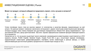ИНВЕСТИЦИОННАЯ ОЦЕНКА | Рынок 11
Может ли продукт, который собирается предложить проект, стать лучшим в сегменте?
7 6 5 4 3 2 1
Полностью
согласен
Согласен Скорее
согласен,
чем не
согласен
Нейтрален Скорее не
согласен,
чем
согласен
Не согласен Полностью
не согласен
Успех платформ такого типа во многом зависит от количества и качества фондов, предлагающих на ней
услуги. На данный момент компания заключила соглашение с двумя пилотными инвестиционными фондами,
которые выдадут свои токены бэкерам при достижении определенных сборов ICO: фонд недвижимости ⎼ при
достижении $18 млн, фонд криптоактивов ⎼ $22 млн. Однако официальные названия фондов командой проекта
не оглашаются.
Несмотря на то, что на рынке существует много компаний, занимающихся инвестициями в криптовалюты и ICO
проекты (IcoLab, FinShi Capital, General Crypto, Crypto Fund AG и др.), отсутствует единая платформа,
предлагающая инвесторам диверсифицировать портфель путем инвестиций в разные фонды, а также
обеспечивающая достаточный уровень прозрачности и низкий порог входа (от $1).
Инвестиционная оценка ICO проекта
Nousplatform
 