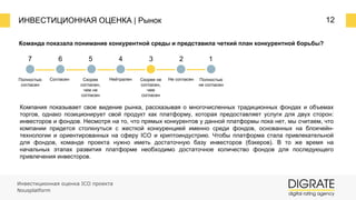 ИНВЕСТИЦИОННАЯ ОЦЕНКА | Рынок 12
Команда показала понимание конкурентной среды и представила четкий план конкурентной борьбы?
7 6 5 4 3 2 1
Полностью
согласен
Согласен Скорее
согласен,
чем не
согласен
Нейтрален Скорее не
согласен,
чем
согласен
Не согласен Полностью
не согласен
Компания показывает свое видение рынка, рассказывая о многочисленных традиционных фондах и объемах
торгов, однако позиционирует свой продукт как платформу, которая предоставляет услуги для двух сторон:
инвесторов и фондов. Несмотря на то, что прямых конкурентов у данной платформы пока нет, мы считаем, что
компании придется столкнуться с жесткой конкуренцией именно среди фондов, основанных на блокчейн-
технологии и ориентированных на сферу ICO и криптоиндустрию. Чтобы платформа стала привлекательной
для фондов, команде проекта нужно иметь достаточную базу инвесторов (бэкеров). В то же время на
начальных этапах развития платформе необходимо достаточное количество фондов для последующего
привлечения инвесторов.
Инвестиционная оценка ICO проекта
Nousplatform
 