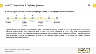 ИНВЕСТИЦИОННАЯ ОЦЕНКА | Бизнес 17
У команды уже имеется работающий продукт, который она продает своим клиентам?
7 6 5 4 3 2 1
Полностью
согласен
Согласен Скорее
согласен,
чем не
согласен
Нейтрален Скорее не
согласен,
чем
согласен
Не согласен Полностью
не согласен
Юридическое лицо проекта Nousplatform ⎼ ABB Capital LP (Company Number SL023197). В открытых источниках
имеется информация, что компания ABB Capital LP была основана в 2015 году для предоставления
консалтинговых услуг по доверительному управлению на фондовых и фьючерсных рынках. На сегодняшний
день компания больше не оказывает услуги в классических инвестициях, обслуживаются только клиенты,
пришедшие в 2015⎼2016 годах.
Инвестиционная оценка ICO проекта
Nousplatform
 