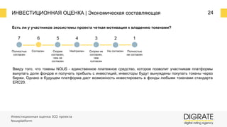 ИНВЕСТИЦИОННАЯ ОЦЕНКА | Экономическая составляющая 24
Есть ли у участников экосистемы проекта четкая мотивация к владению токенами?
7 6 5 4 3 2 1
Полностью
согласен
Согласен Скорее
согласен,
чем не
согласен
Нейтрален Скорее не
согласен,
чем
согласен
Не согласен Полностью
не согласен
Ввиду того, что токены NOUS ⎼ единственное платежное средство, которое позволит участникам платформы
выкупать доли фондов и получать прибыль с инвестиций, инвесторы будут вынуждены покупать токены через
биржи. Однако в будущем платформа даст возможность инвестировать в фонды любыми токенами стандарта
ERC20.
Инвестиционная оценка ICO проекта
Nousplatform
 