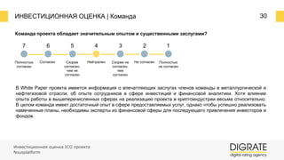 ИНВЕСТИЦИОННАЯ ОЦЕНКА | Команда 30
Команда проекта обладает значительным опытом и существенными заслугами?
7 6 5 4 3 2 1
Полностью
согласен
Согласен Скорее
согласен,
чем не
согласен
Нейтрален Скорее не
согласен,
чем
согласен
Не согласен Полностью
не согласен
В White Paper проекта имеется информация о впечатляющих заслугах членов команды в металлургической и
нефтегазовой отрасли, об опыте сотрудников в сфере инвестиций и финансовой аналитики. Хотя влияние
опыта работы в вышеперечисленных сферах на реализацию проекта в криптоиндустрии весьма относительно.
В целом команда имеет достаточный опыт в сфере предоставляемых услуг, однако чтобы успешно реализовать
намеченные планы, необходимы эксперты из финансовой сферы для последующего привлечения инвесторов и
фондов.
Инвестиционная оценка ICO проекта
Nousplatform
 