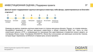 ИНВЕСТИЦИОННАЯ ОЦЕНКА | Поддержка проекта 37
Данный проект поддерживают крупные венчурные инвесторы либо фонды, ориентированные на блокчейн-
стартапы?
7 6 5 4 3 2 1
Полностью
согласен
Согласен Скорее
согласен,
чем не
согласен
Нейтрален Скорее не
согласен,
чем
согласен
Не согласен Полностью
не согласен
Команде не удалось привлечь крупные инвестиции со стороны венчурных фондов. Однако, по словам команды,
Nousplatform привлекла от частных венчурных инвесторов в общей сложности $250 тыс. Часть из этих
инвестиций прошла в ETH, и информацию по транзакции без идентификации отправителя можно увидеть на
платформе Waves (тикер: Платформа NOUS/ETH). Waves был использован для фиксации количества токенов,
которые будут перенесены на Ethereum в первый день начала пресейла.
Инвестиционная оценка ICO проекта
Nousplatform
 